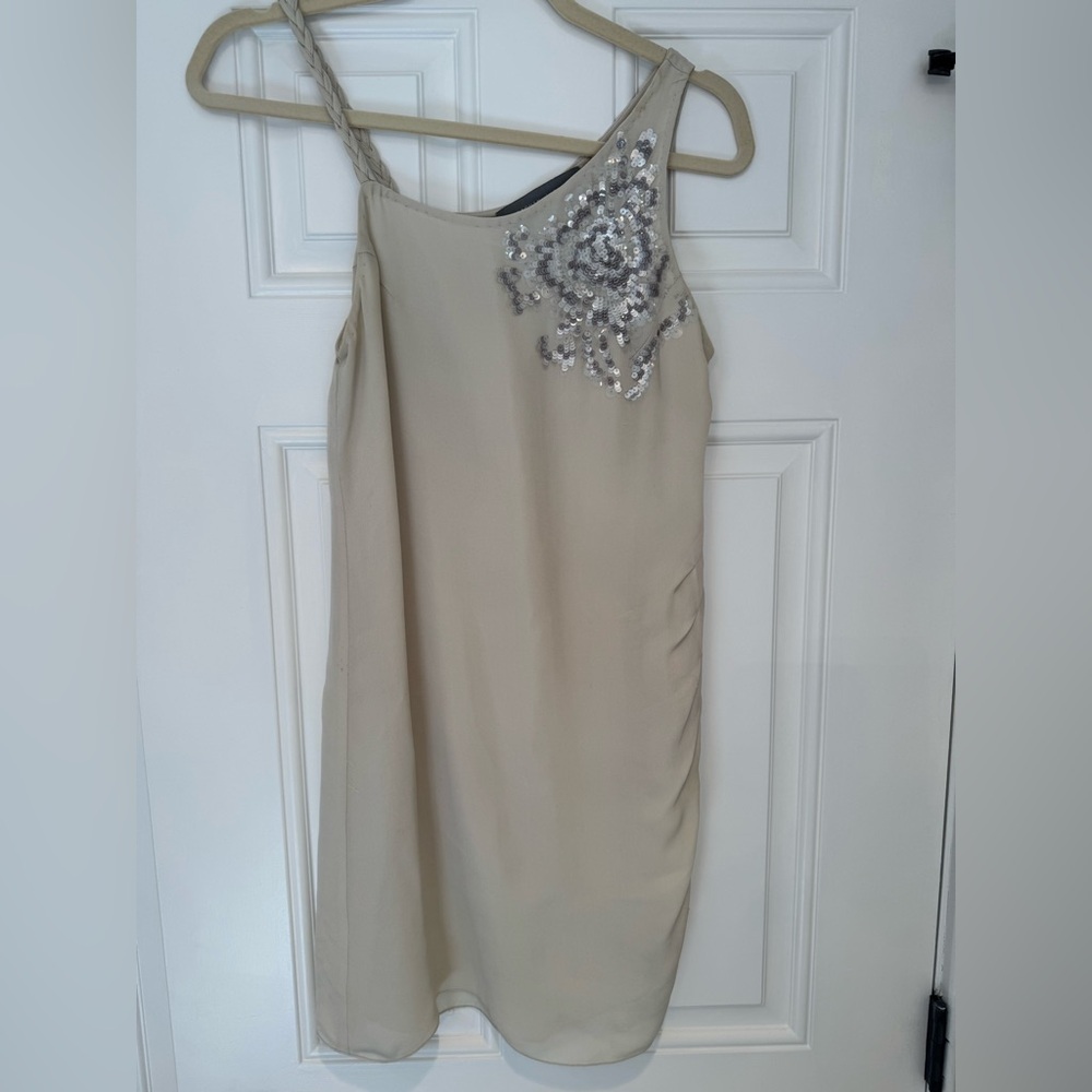 Sachin + Babi Beige One Shoulder Dress with Silver Sequins